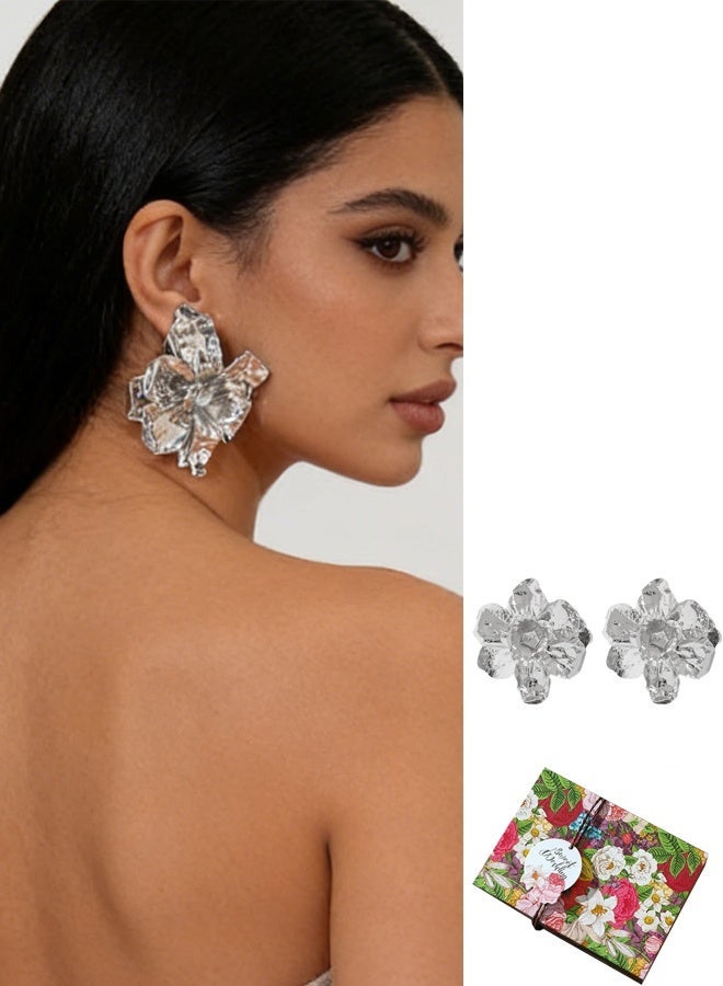 أقراط زهرة كبيرة فنتاج فضية مطلية بالذهب للنساء فاخرة مع علبة هدايا وحقيبة مخملية للحفل اليومي - Image 1